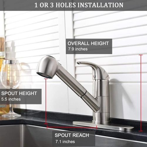  Ufaucet Modern Best Commercial Cen Brushed Nickel Stainless Steel Single Lever Single Handle Pull Out Sprayer Prep Kitchen Sink Faucets,Brushed Nickel Finished