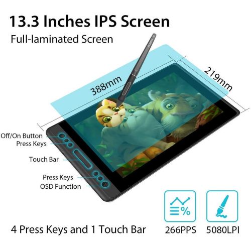  [아마존베스트]HUION Kamvas Pro 13 HD 13.3 inch graphic tablet with display with tilt function, battery-free pen with 8192 pressure sensitivity and 4 express keys, 1 touch bars, graphic tablet wi