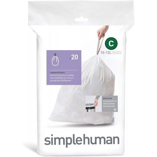심플휴먼 simplehuman Code C Custom Fit Drawstring Trash Bags in Dispenser Packs, 10-12 Liter / 2.6-3.2 Gallon, White ? 20 Liners