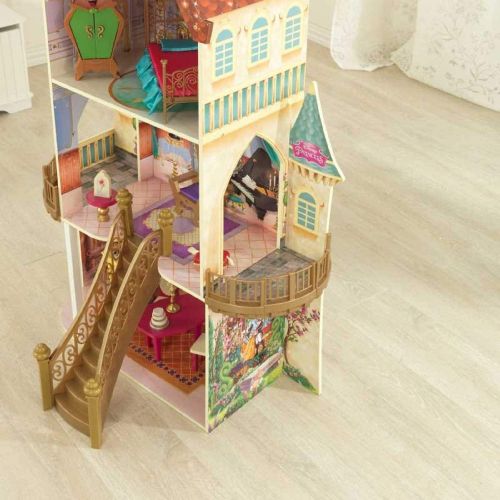 키드크래프트 KidKraft Disney Princess Belle Enchanted Wooden Dollhouse, Almost Four Feet Tall, with Balconies, Staircase and 13 Accessories, Gift for Ages 3+