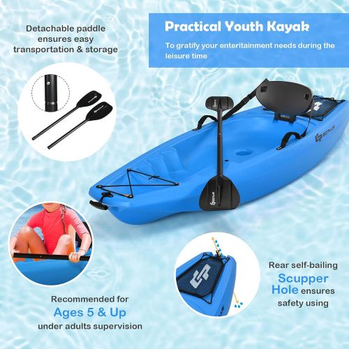  Goplus 6FT Youth Kayak, Kids Recreational Rowing Fishing Boat w/Paddle, Folding Backrest, Storage Hatche, 4-Level Footrest, Sit-On-Top Kayak Canoe for Children Over 5