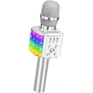 BONAOK Wireless Bluetooth Karaoke Microphone with controllable LED Lights, 4 in 1 Portable Karaoke Machine Speaker for Android/iPhone/PC (Silver)