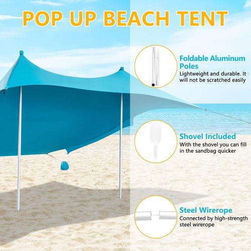  VINGLI Beach Canopy Tent Sun Shade 10x10ft with 4 Aluminum Poles and Carrying Bag, Family Beach Tent Pop Up Shade for Picnics, Camping Trips, Fishing, Bonus Sand Shovel (Blue)