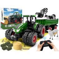 Remote Control Tractor Toy, Kids RC Tractor Set & Truck and Trailer Front Loader - Metal Car Head/8 Wheel/Light, Toddlers Farm Vehicle Toys for 3 4 5 6 7 8 9 Year Old Boys Girls Birthday Gift