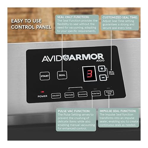  Avid Armor Vacuum Sealer Machine - A100 Stainless Construction, Clear Lid, Commercial Double Piston Pump Heavy Duty 12 Wide Seal Bar Built in Cooling Fan Includes 30 Pre-cut Bags and Accessory Hose