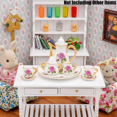  Odoria 1:6 Miniature 8Pcs Porcelain Tea Cup Sets Teapot Set Dollhouse Decoration Accessories, Purple