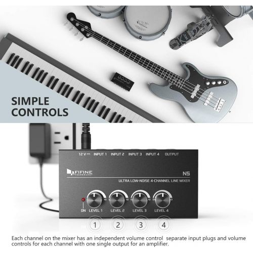  FIFINE TECHNOLOGY FIFINE Ultra Low-Noise 4-Channel Line Mixer for Sub-Mixing,4 Stereo Channel Mini Audio Mixer with AC adapter.Ideal for Small Club or Bar. As Microphones,Guitars,Bass,Keyboards or S