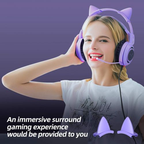  SOMIC G951S Purple Stereo Gaming Headset with Mic for PS4, PS5, Xbox One, PC, Phone, Detachable Cat Ear 3.5MM Noise Reduction Headphones Computer Gaming Headphone Self-Adjusting Ga