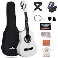 ADM Beginner Acoustic Classical Guitar Nylon Strings Wooden Guitar Bundle Kit for Kid Boy Girl Student Youth Guitarra Free Online Lessons with Gig Bag, Strap, Tuner, Picks (30 Inch, White)