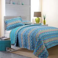HNU 3 Piece Chevron Pattern Blue Quilt King Beautiful Zigzag Lines Vivid Pops of Red and Green Soft Reversible Girl Bedding Multi Vibrant Colors Complementary Shades Cohesive Look Kids