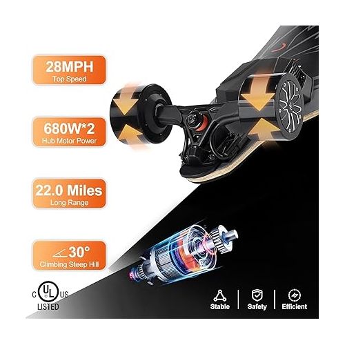  Electric Skateboard Longboard with 22mile Range Dual 680W Motors IPX5 Waterproof E Board, 90mm Wheel Skateboards for Adult Beginners with Top Speed 28mph for Commute Max Load 330LB - Pioneer-4
