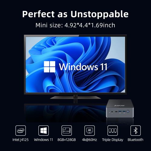  [아마존베스트]Mini PC AWOW Mini Desktop Computer Windows 10 Intel Celeron J4115 with 8GB DDR4/ NVMe M.2 128GB SSD with Triple Display 4K@60Hz,Extended SSD 2TB(not Include), WiFi,HDMI2,USB4,BT5.0