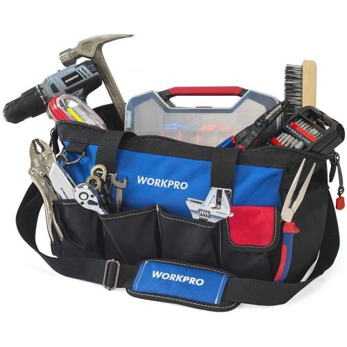  WORKPRO 18-inch Close Top Wide Mouth Storage Tool Bag with Adjustable Shoulder Strap, Sturdy Bottom