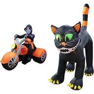 BZB Goods TWO HALLOWEEN PARTY DECORATIONS BUNDLE, Includes 6 Foot Long Inflatable Skeleton Ghost Riding on Motorcycle Bike, and 11 Foot Tall Animated Inflatable Black Cat Outdoor Indoor Blow