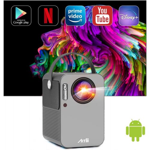  Smart Projector Android TV 9.0, Artlii Play WiFi Bluetooth Projector, Native 1080p Full HD Supported, Stereo Sound, 4D±45° Correction, Outdoor Projector with Built-in Netflix, YouT