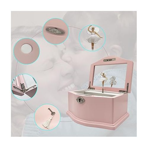  Medium Pink Ballerina Musical Jewelry Box with Mirror and Lock for Girls，Pink Kid's Jewelry Storage Music Chest
