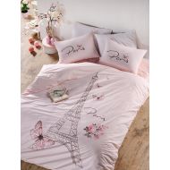 Bekata Paris Bedding Set, 100% Turkish Cotton Paris Eiffel Tower Themed Quilt/Duvet Cover Set, Girls Bedding Linens, Salmon Pink, Single/Twin Size, COMFORTER INCLUDED (5 PCS)