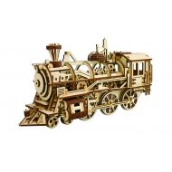 Hands Craft DIY 3D Wooden Puzzle Laser-Cut Mechanical Wind-Up Puzzle Model Kit, Premium Quality Wood, Non-Toxic and Safe. (Locomotive)
