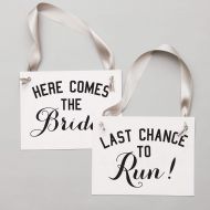 RitzyRose Funny Wedding Signs Set of 2 Ring Bearer + Flower Girl Signs Here Comes The Bride + Last Chance To Run | Black Ink + Gray Ribbon on White Paper: Handmade