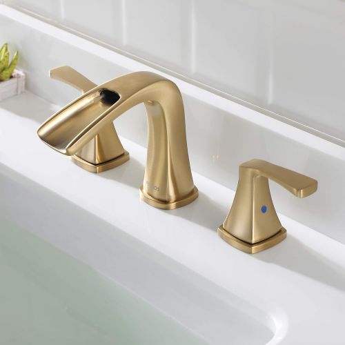  PARLOS Waterfall Widespread Bathroom Sink Faucet 2 Handles with Metal Pop Up Drain & cUPC Faucet Supply Lines, Brushed Gold, Doris 1407008