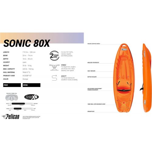  Pelican - Sonic 80X Youth Kayak - Sit-on-Top - Recreational Kayak - 8ft