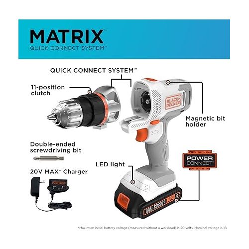  BLACK+DECKER 20V MAX Matrix Cordless Drill/Driver Kit, White (BDCDMT120WC1FF)