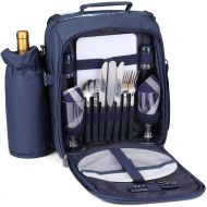 Flexzion Travel Picnic Backpack for 2 Person (Blue) Wine Picnic Basket Bag with Plates, Flatware Cutlery, Glass Set, Insulated Compartment, Detachable Bottle Wine Holder