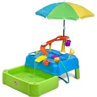 Step2 Waterpark Wonders Two-Tier Kids Water Table, Indoor and Outdoor Water Sensory Table with Umbrella, Toddlers Ages 1.5+ Years Old, 11 Piece Water Toy Accessories, Blue