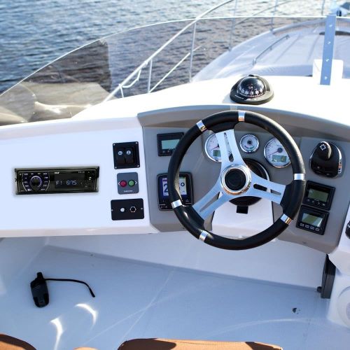  [아마존베스트]Pyle Bluetooth Marine Receiver Stereo - 12v Single DIN Style Boat In dash Radio Receiver System with Digital LCD, RCA, MP3, USB, SD, AM FM Radio - Remote Control, Wiring Harness -