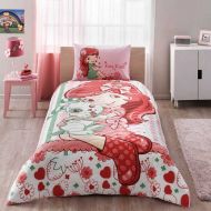 Jay Bekata Strawberry Shortcake Bedding Complete Set, 100% Cotton Single/Twin Size Multifunctional Girls Bedding Set for 4 Season, Quilted Bedspread/Duvet Cover Set, 3 PCS, Pink