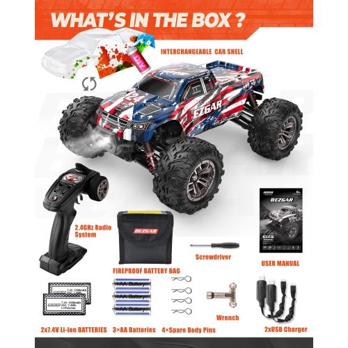  BEZGAR 1:16 Large Size Off Road Remote Control Fast Racing Hobby Car, Hobbyist Grade 4×4 Waterproof RC Car High Speed Electric Monster Toy Vehicle Truck with Rechargeable Batteries