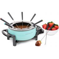 Nostalgia FPS6AQ 12-Cup Electric Fondue Pot with Adjustable Temperature Control 8 Color-Coded Forks, Cool-Touch Handles, Perfect for Chocolate, Cheese, Caramel, Aqua