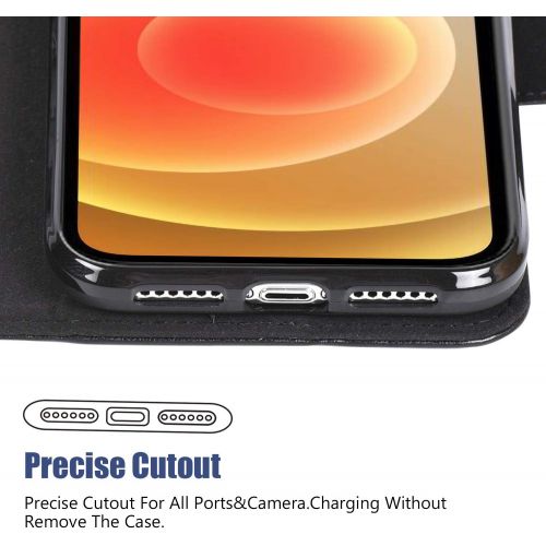  [아마존베스트]Arae Compatible with iPhone 12 Case and iPhone 12 Pro Case Wallet Flip Cover with Card Holder and Wrist Strap - Black
