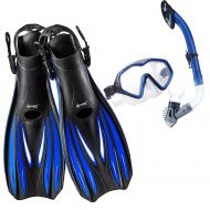 Cressi Snorkel Set with Fins Snorkel Mask - for Adult Men Women Teenagers - Panoramic Diving Mask, Comfort Dry Snorkel Tube, Open Heel Short Fins and Travel Mesh Bag [Wave Series]