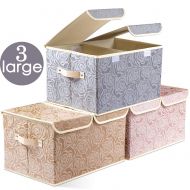 Prandom Large Foldable Storage Bins with Lids [3-Pack] Fabric Decorative Storage Box Cubes Organizer Containers Baskets with Cover Handles Removable Divider for Home Bedroom Closet Nursery