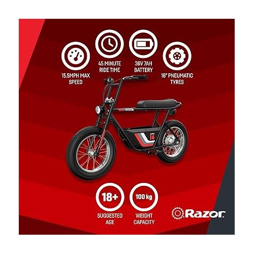 레이져(Razor) Razor Rambler 16 - 36V Electric Minibike with Retro Style, Up to 15.5 MPH, Up to 11.5 Miles Range, Wide, Rugged 16