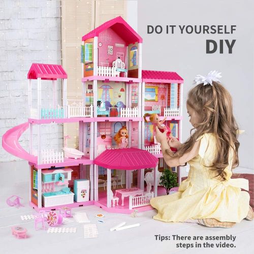  TEMI Doll House Playhouse Girl Toys - 4-Story 11 Doll House Rooms with Doll Toy Figures, Furniture and Accessories, Toddler Playhouse Christmas Birthday Gifts for 3 4 5 6 7 Year Ol
