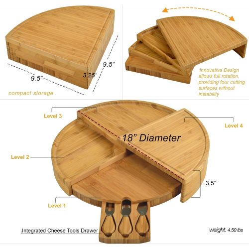  [아마존베스트]Picnic at Ascot Patented Bamboo Cutting Board for Cheese & Charcuterie with Knives & Cheese Markers- Stores as a Compact Wedge- Opens to 18 Diameter- Designed & Quality Checked in