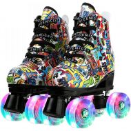 Comeon Roller Skates Women Black PU Leather High-Top Four Wheels Double Row Roller Skates Outdoor Indoor Skating Shoes