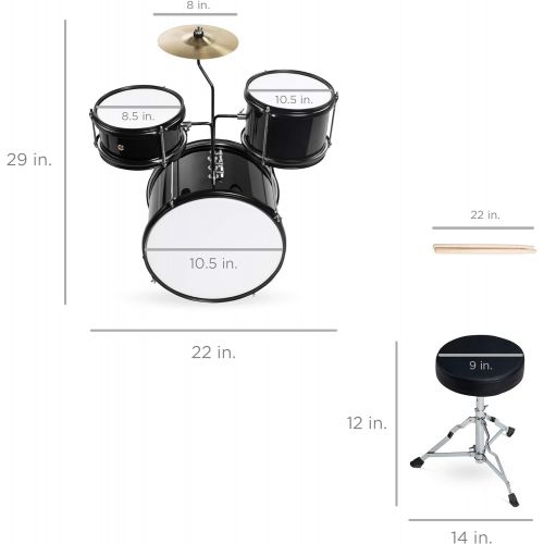  Best Choice Products 3-Piece Kids Beginner Drum Musical Instrument Set w/ Sticks, Cushioned Stool, Drum Pedal - Black
