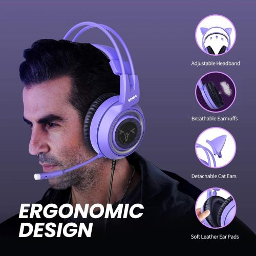  SOMIC G951S Purple Stereo Gaming Headset with Mic for PS4, PS5, Xbox One, PC, Phone, Detachable Cat Ear 3.5MM Noise Reduction Headphones Computer Gaming Headphone Self-Adjusting Ga
