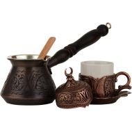 [아마존베스트]DEMMEX 6 Pcs Turkish Greek Coffee Set for 1 with Engraved Copper Pot and Heavy Duty Cup Saucer Lid and Spoon (Antique Copper)