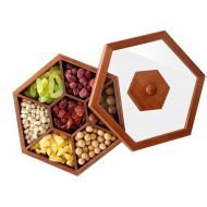 MYLS Wood Fruit Plate Dish Holder, Round Divided Serving Tray, Dried Fruit Candy Snack Storage Box, with Transparent Lid, 30×26×9 cm