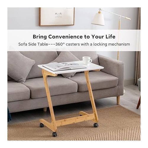  Nnewvante Sofa Side End Table with Wheels/Casters Couch TV Laptop Desk Snack Tray for Living Room Bedroom Small Spaces White Bamboo 23.5'' x 15.8''