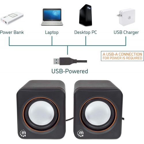  [아마존베스트]Manhattan USB Stereo Speaker System with 3.5 mm Audio Plugs to Connect to a Laptop, Notebook or Desktop Computer, Volume Controller - 161435