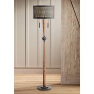Hunter Mid Century Modern Floor Lamp Cherry Wood Perforated Metal Cream Linen Double Shade for Living Room Bedroom - Franklin Iron Works
