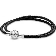 Pandora Moments Double Woven Leather Bracelet with Sterling Silver Clasp - Compatible Moments Charms - Charm Bracelet for Women - Gift for Her - Black, With Gift Box