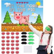 Mining Party Supplies Mining Party Favors Pin The Nose on The Pig Party Game with Pixel Pig Poster Pixelated Party Decor Pixel Party Favor Photo Prop with 8 Pieces Eye Masks Birthday Party Supplies