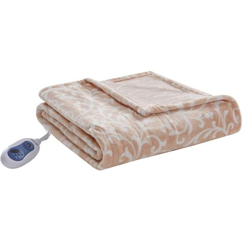 뷰티레스트 Beautyrest - Plush Heated Throw Blanket -Secure Comfort Technology-Oversized 60 x 70- Tan - Scroll Printed Pattern - Cozy Soft Microlight Heated Electric Blanket Throw - 3-Setting