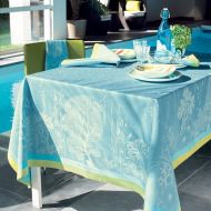 Garnier-Thiebaut, Corail (Coral) Lagon (Lagoon Blue) French Jacquard Tablecloth, 45 Inches X 45 Inches, 100 Percent Cotton, Green Sweet Treated